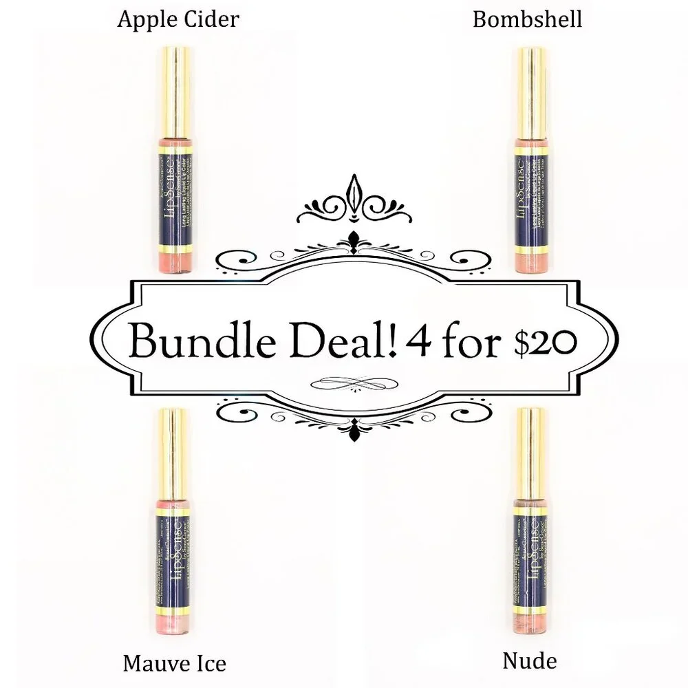 4 Lipsense Liquid Lip Color Bundle - Apple Cider, Bombshell,‎ Mauve Ice, & Nude